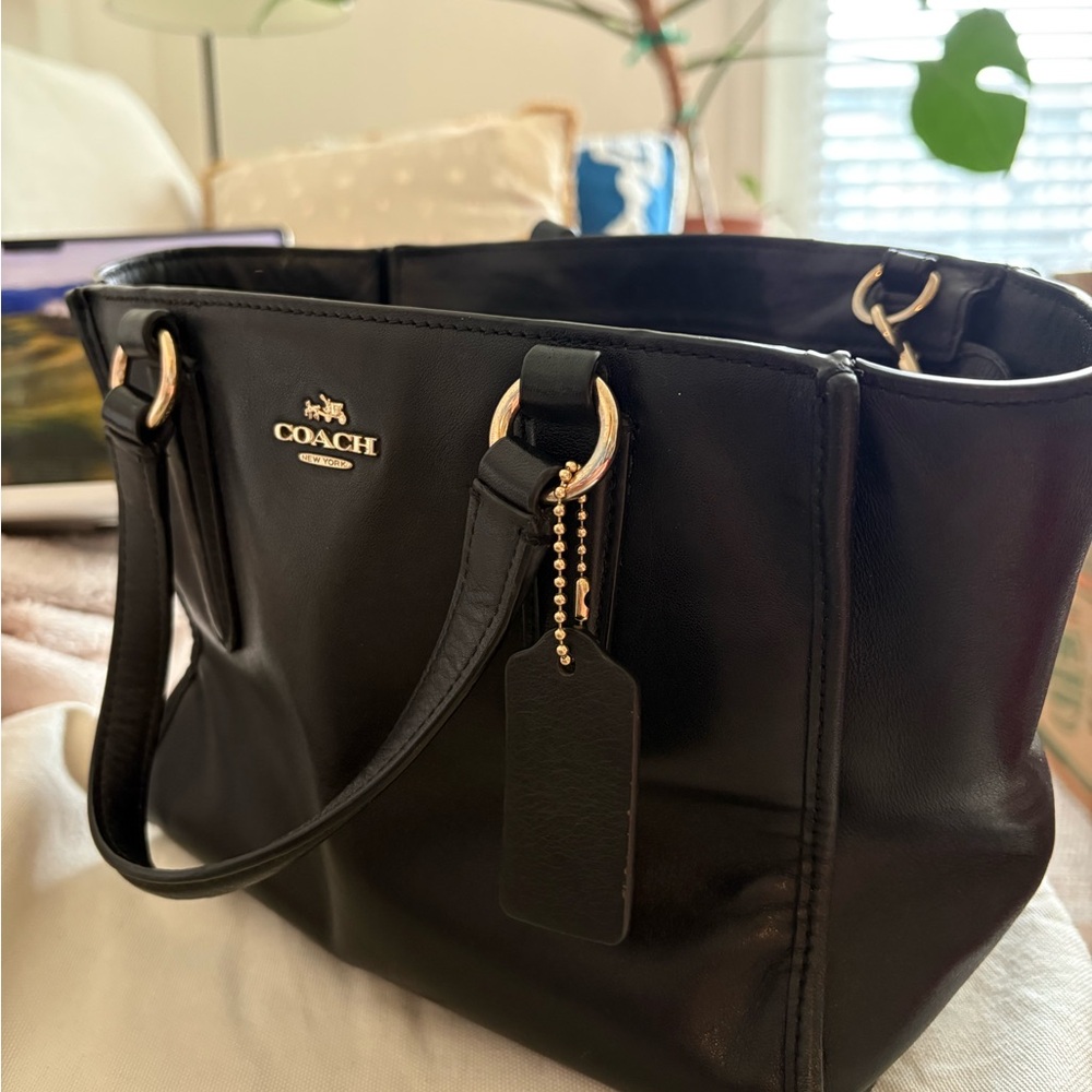 Coach Black Leather Tote with Gold Accents